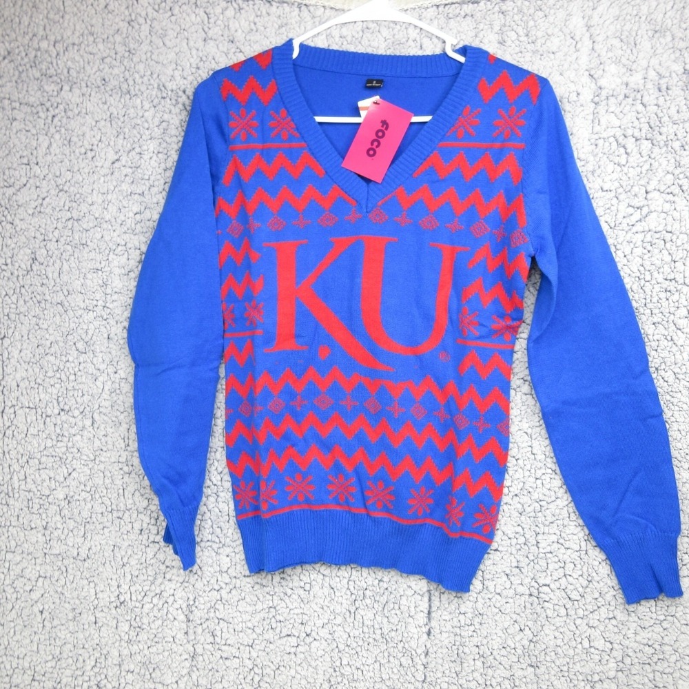 FOCO Kansas Jayhawks KU Royal Blue Red V Neck Ugly‎ Sweater Women's S